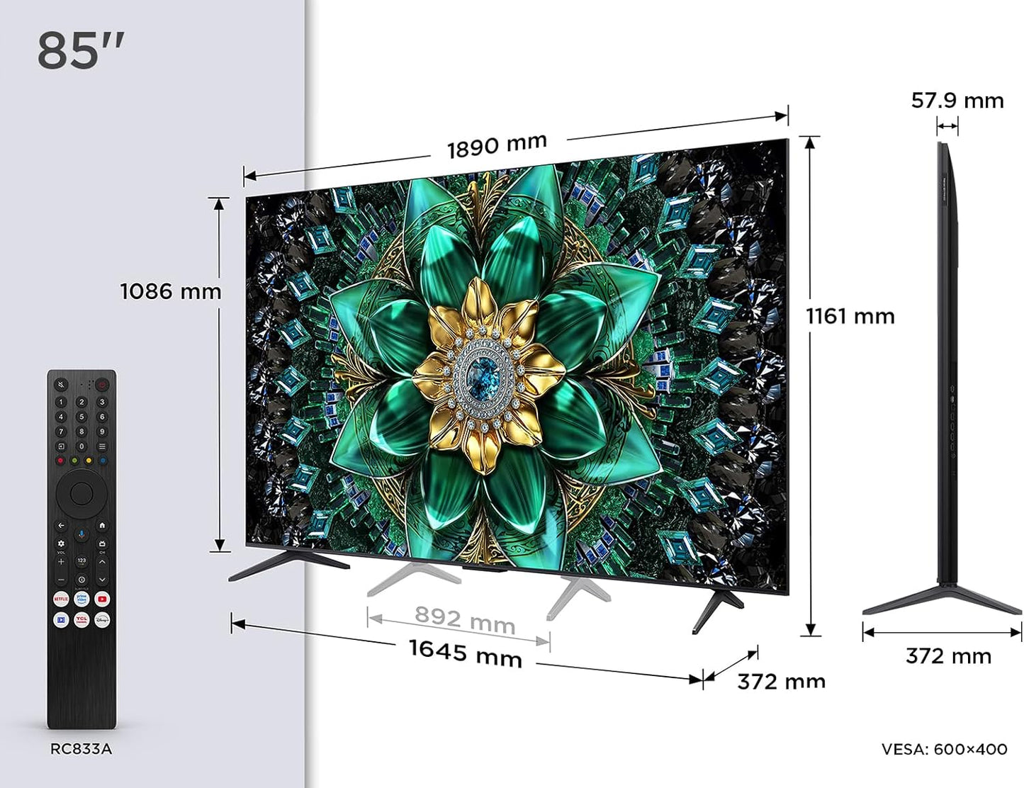 TCL 85Q6C Qd-Mini LED TV, 4K HDR Premium 1000Nits, Smart TV Alimenté Par Google (Dolby Vision IQ Et Atmos, Panneau HVA Mat, Système Audio Onkyo 2.1, Motion Clarity Pro 144Hz, Game Master)