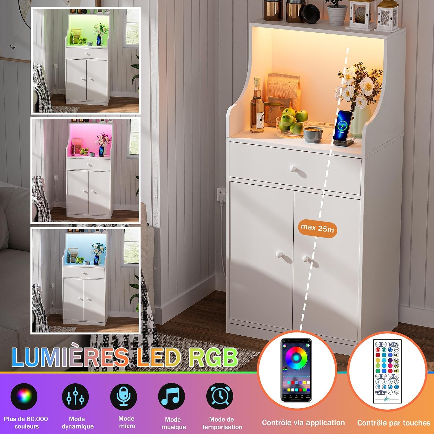 Meuble Micro-Ondes Buffet Avec Prise Armoire De Cuisine Avec 1 Tiroir 1 Grand Casier Et Bandeau Lumineux LED Meuble Buffet 60X40X123Cm Pour Salle À Manger, Cuisine, Salon Blanc