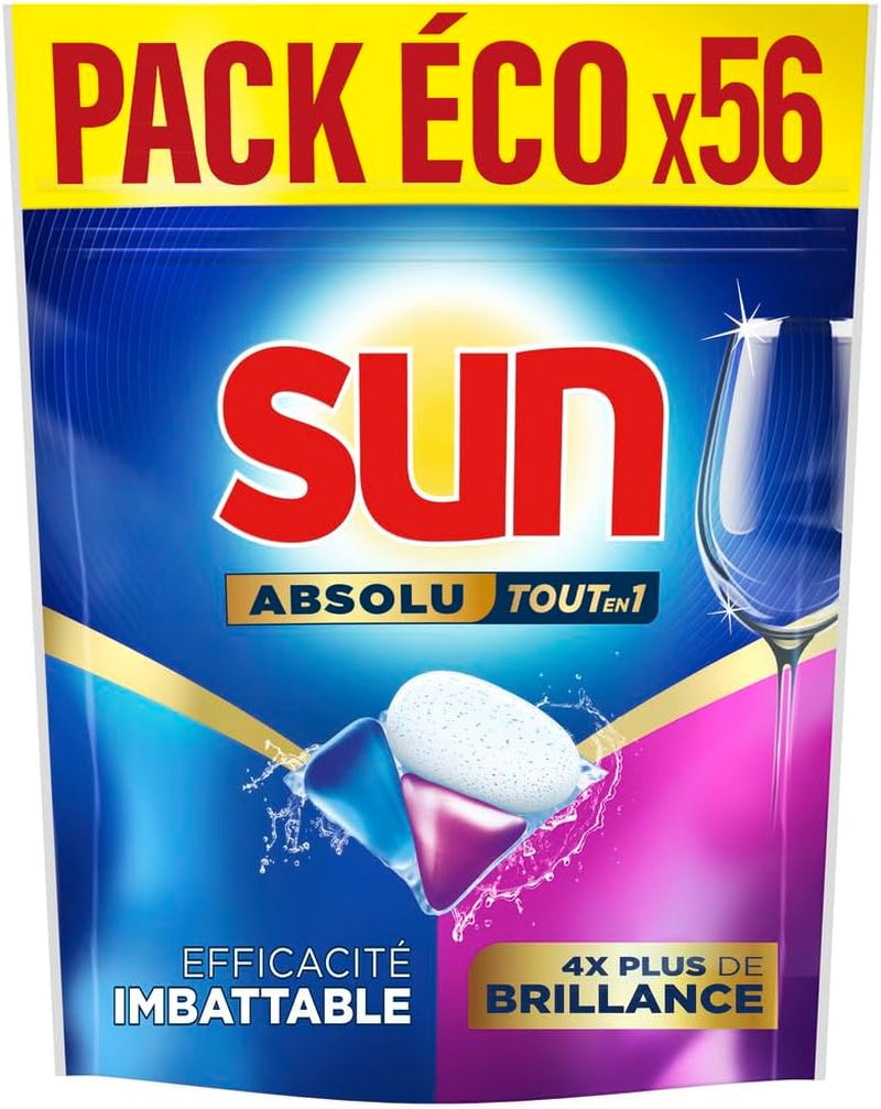 Pastilles Lave-Vaisselle Absolu Tout-En-1 Brillance - 56 Capsules - Tablettes Imbattables Sur Les Taches Tenaces - 4X plus De Brillance