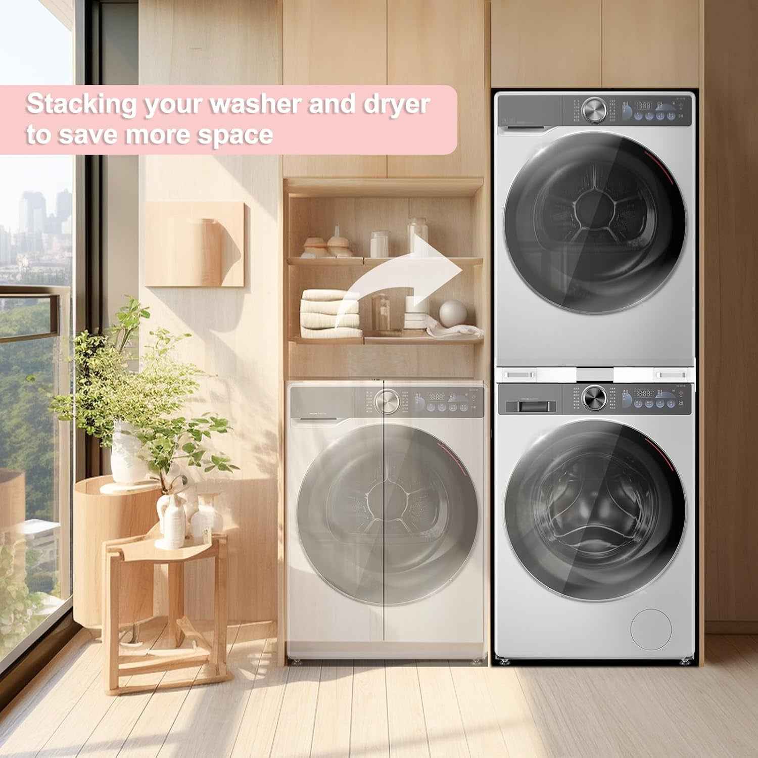 Kit De Superposition Universel, Avec 4 Tiges Télescopiques | Universel Cadre Intermédiaire Pour Lave-Linge Et Sèche-Linge Avec Corde À Cliquet, Taille Réglable（46-66Cm）