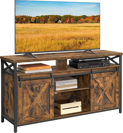 Meuble TV, Support Pour Téléviseur Jusqu’À 65 Pouces | Avec Étagères Réglables, Portes Imitation Grange, Cadre En Métal, Marron Rustique Et Noir Mat LTV071B01V1