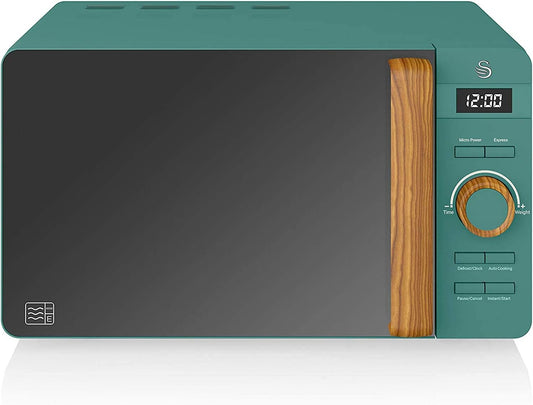 Nordic Micro-Ondes Numérique 20 L, 6 Niveaux De Fonctionnement, 800 W De Puissance, Minuterie 30 Min, Nettoyage Facile, Mode Dégivrage, Design Moderne, Poignée Effet Bois, Vert Mat