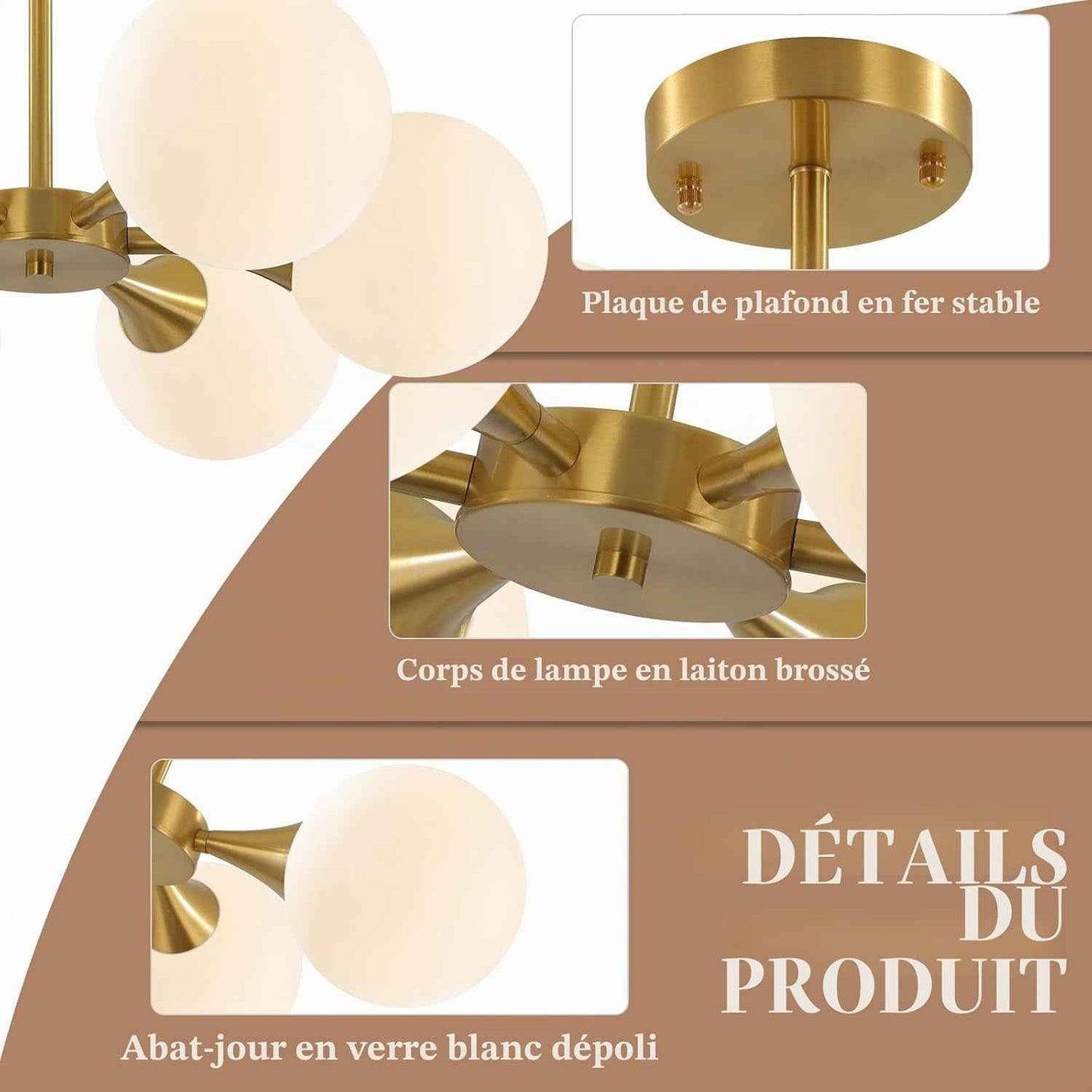 Éclairage Plafonnier Encastré Sputnik En or Brossé Mid Century Modern Éclairage De Plafond Suspendu À 6 Lumières Avec Globe En Verre Laiteux Luminaire De Plafond Semi-Encastré