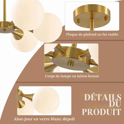 Éclairage Plafonnier Encastré Sputnik En or Brossé Mid Century Modern Éclairage De Plafond Suspendu À 6 Lumières Avec Globe En Verre Laiteux Luminaire De Plafond Semi-Encastré