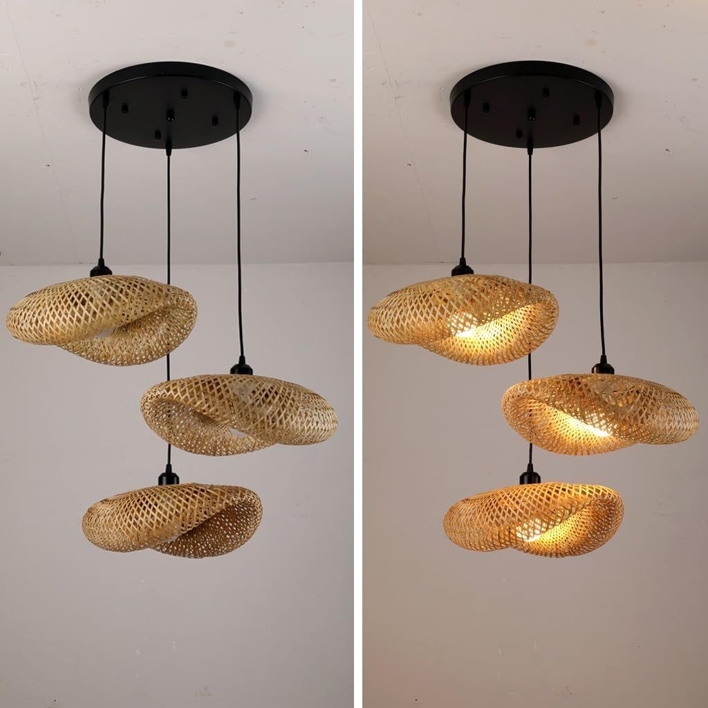 Luminaire Plafonnier Rétro Boho 3 Lumières Lustre Abat-Jour En Rotin Naturel Lampe Suspendue E27 Suspension Luminaire Suspendu Avec Abat-Jour En Osier Pour Cuisine Salon Café Luminaire En Rotin