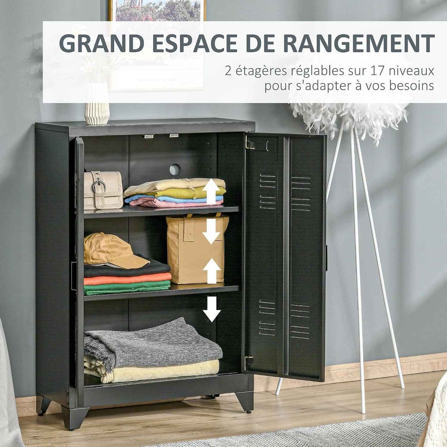 Armoire De Bureau À 3 Niveaux Métallique Noir | Meuble De Rangement Bureau, 2 Portes, Étagères Réglables, Armoire À Dossiers, Pour Domicile, Garage