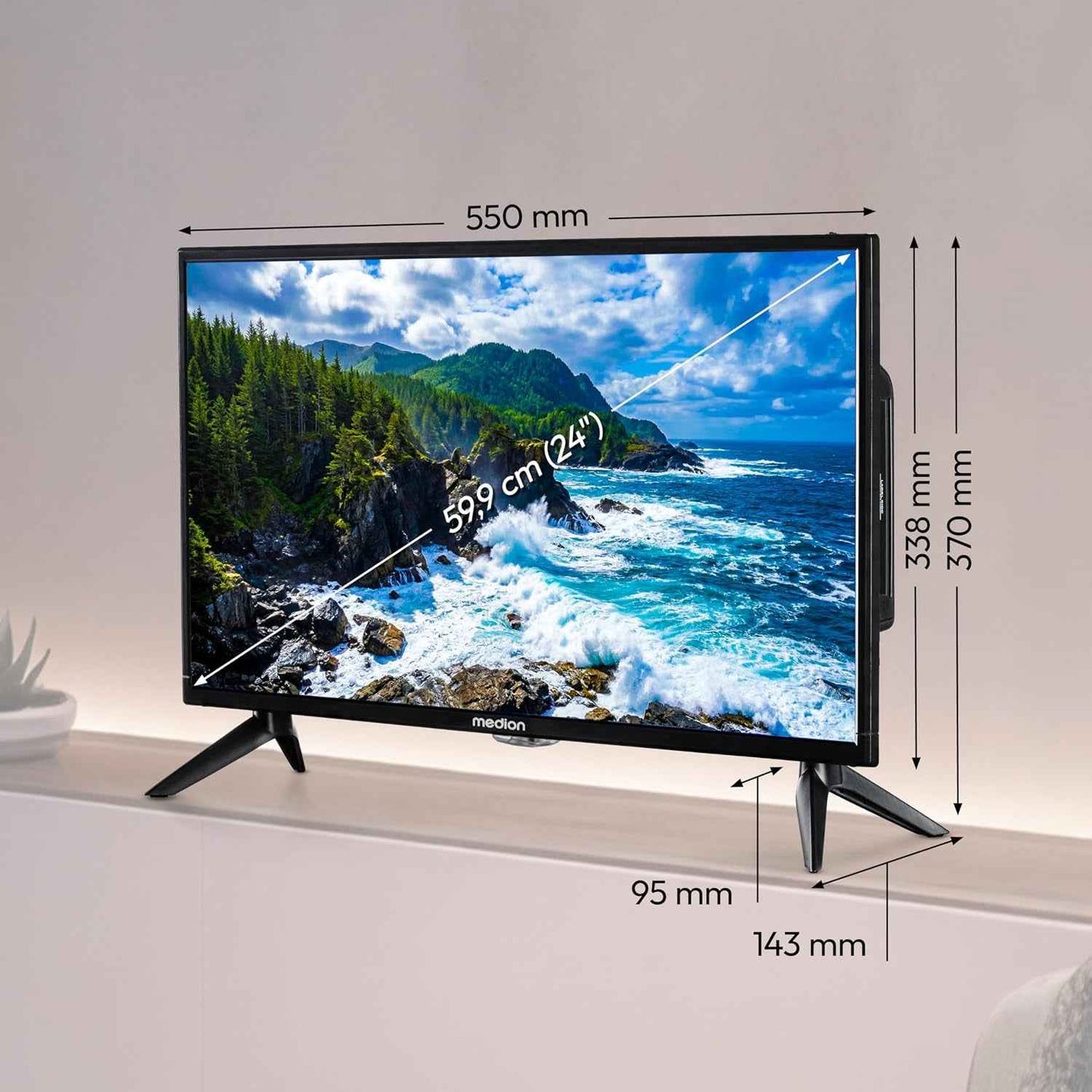 TV 24 Pouces Full HD (59,9 Cm) Television (Idéal Pour Camping, Camping-Car, Camion, Jardin, Adaptateur Voiture 12V, Triple Tuner, HDMI, USB, MD 824000)