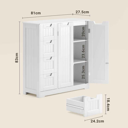 Meuble Salle De Bain Armoire De Baño, Avec 4 Tiroirs Et 2 Portes,Meuble Pour Salle De Bain Salon Cuisine,Avec Étagère Réglable,81 X 30 X 83 Cm,Blanc