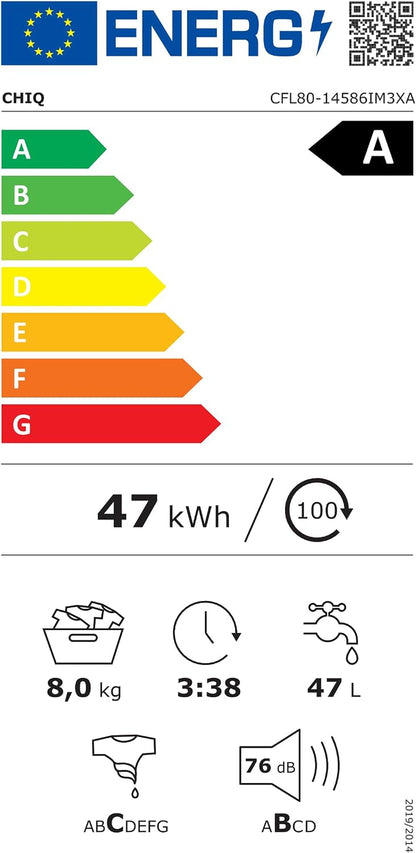 8Kg Lave-Linge Avec Classe A-15% & Smart One Touch Gris | Lavage Vapeur, Programme Literie, Baby Care, Doudoune, Moteur Inverter, 1400 T/Min, 520Mm, 76Db, CFL80-14586IM3XA