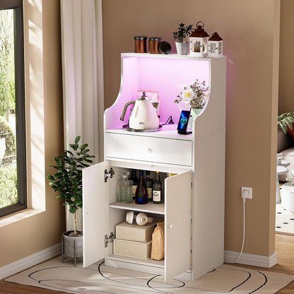 Meuble Micro-Ondes Buffet Avec Prise Armoire De Cuisine Avec 1 Tiroir 1 Grand Casier Et Bandeau Lumineux LED Meuble Buffet 60X40X123Cm Pour Salle À Manger, Cuisine, Salon Blanc