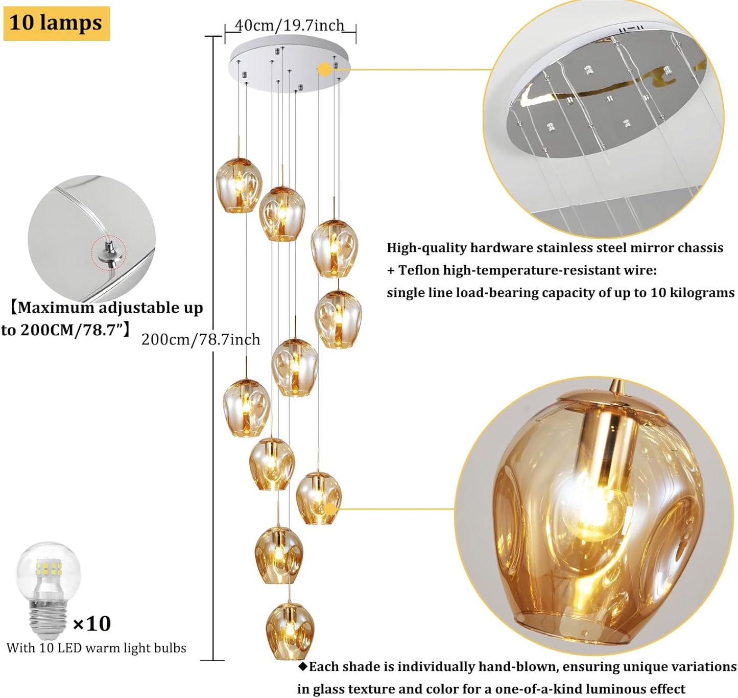 Moderne Escalier Suspendu Lustre,Plafonnier Lustre Verre Boule Suspension,Lampe Led,Grand Multi Ampoule Luminaire Suspendu Pour Salon,Cage Descalier,Couloir,Villa (10 Lights)