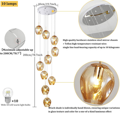 Moderne Escalier Suspendu Lustre,Plafonnier Lustre Verre Boule Suspension,Lampe Led,Grand Multi Ampoule Luminaire Suspendu Pour Salon,Cage Descalier,Couloir,Villa (10 Lights)