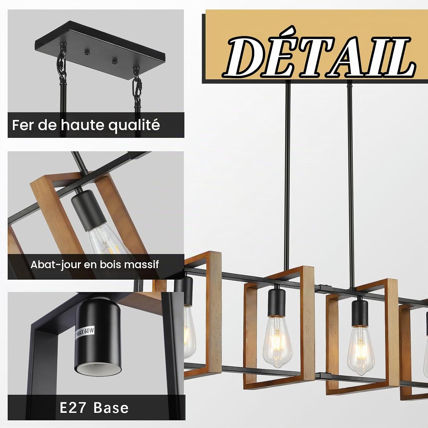 4 Lampes Éclairage De Style Îlot De Cuisine À Lumière Noire, Lampe De Table De Piscine En Bois Et En Métal Plafonnier Plafonnier, Lampe De Chambre À Coucher Réglable En Hauteur Plafond, Lustres