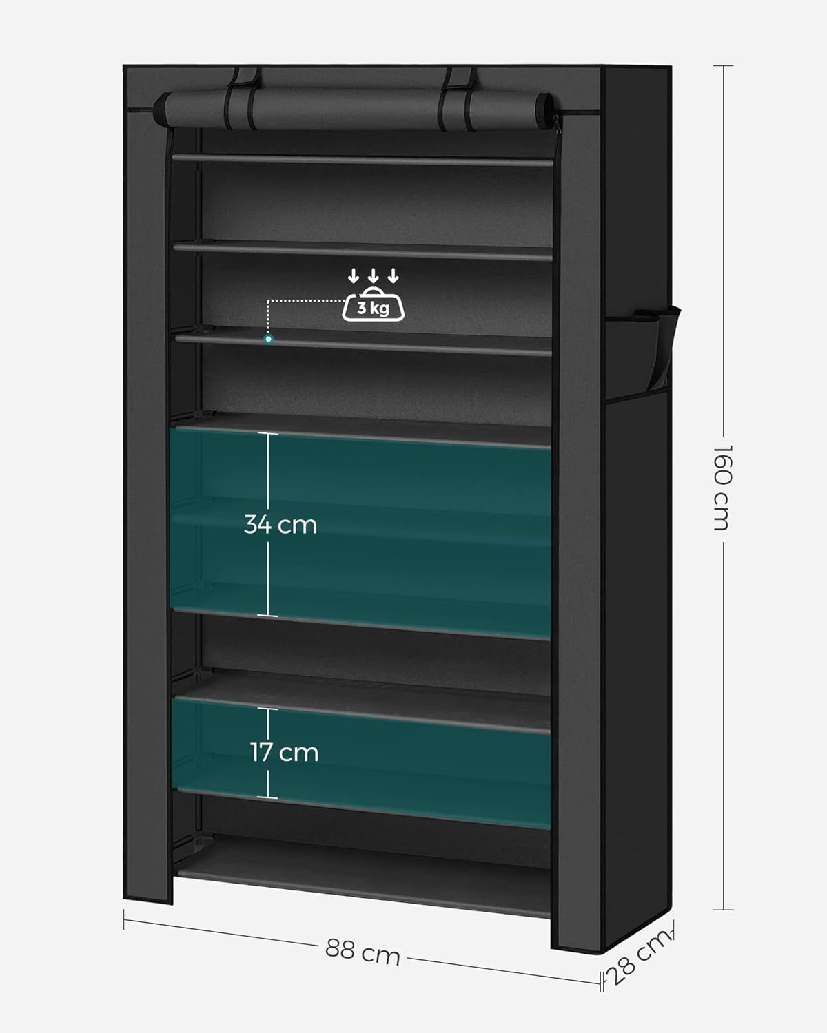 Étagère À Chaussures En Tissu À 10 Niveaux, Meuble De Rangement 28 X 88 X 160 Cm, Avec Housse De Protection, Chaussures De Sport, Talons Hauts, Pantoufles, Cadre En Métal, Noir RXJ36H
