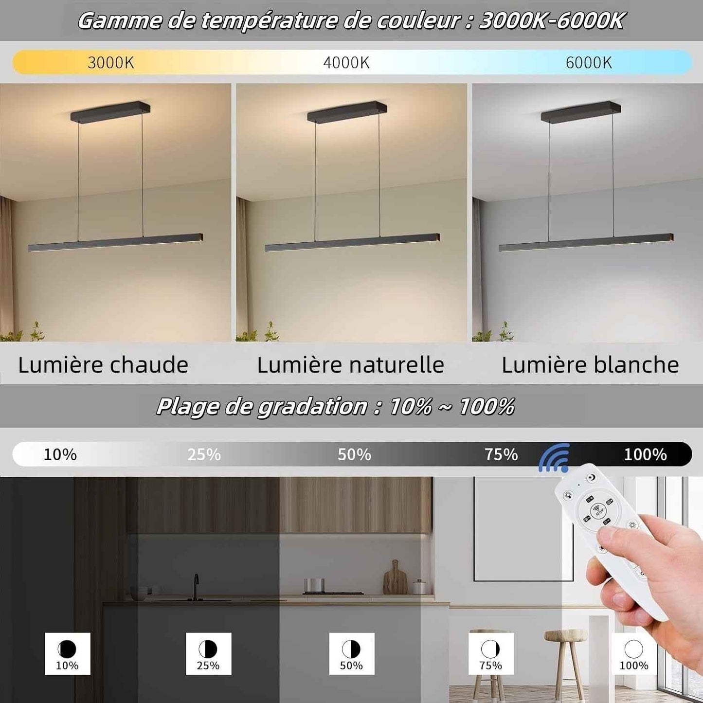 Suspension Luminaire Cuisine Moderne, 3000K/4500K/6500K 10%–100% Température De Couleur Lustre Linéaire, Dimmbar Avec Télécommande Chandelier Pour Cuisine,Salon,Salle À Manger,Chambre À Coucher 150CM