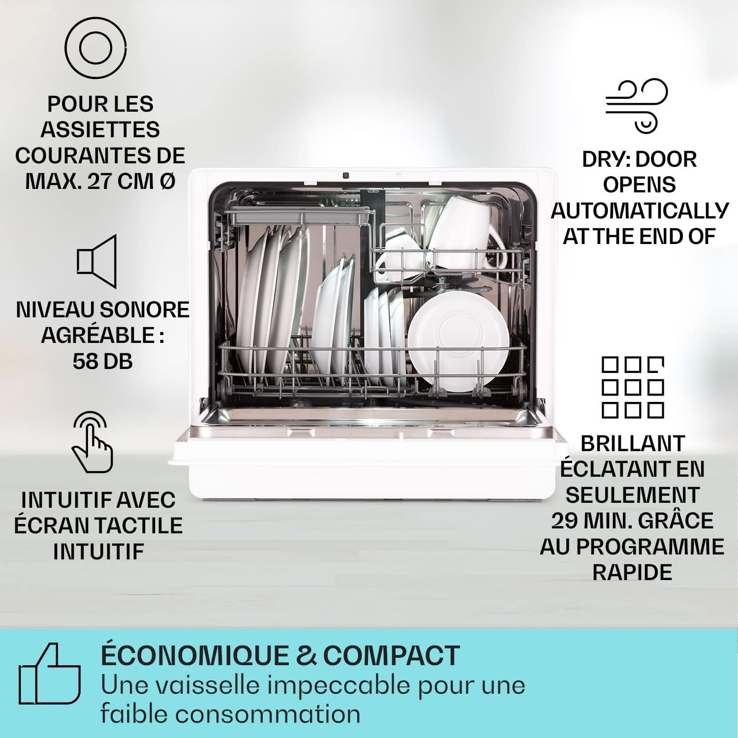 Mini Lave Vaisselle Silencieux De Table Portablede 5 Couvert, 6 Programmes De Lavage, Facile À Installer Pour La Maison Et Bureau