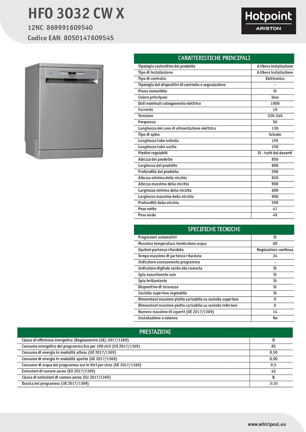Hotpoint HFO 3O32 CW X Lave-Vaisselle 60Cm À Libre Installation, D Inox