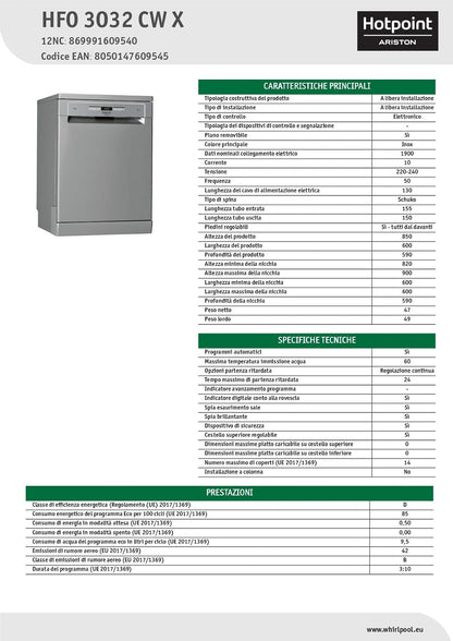 Hotpoint HFO 3O32 CW X Lave-Vaisselle 60Cm À Libre Installation, D Inox