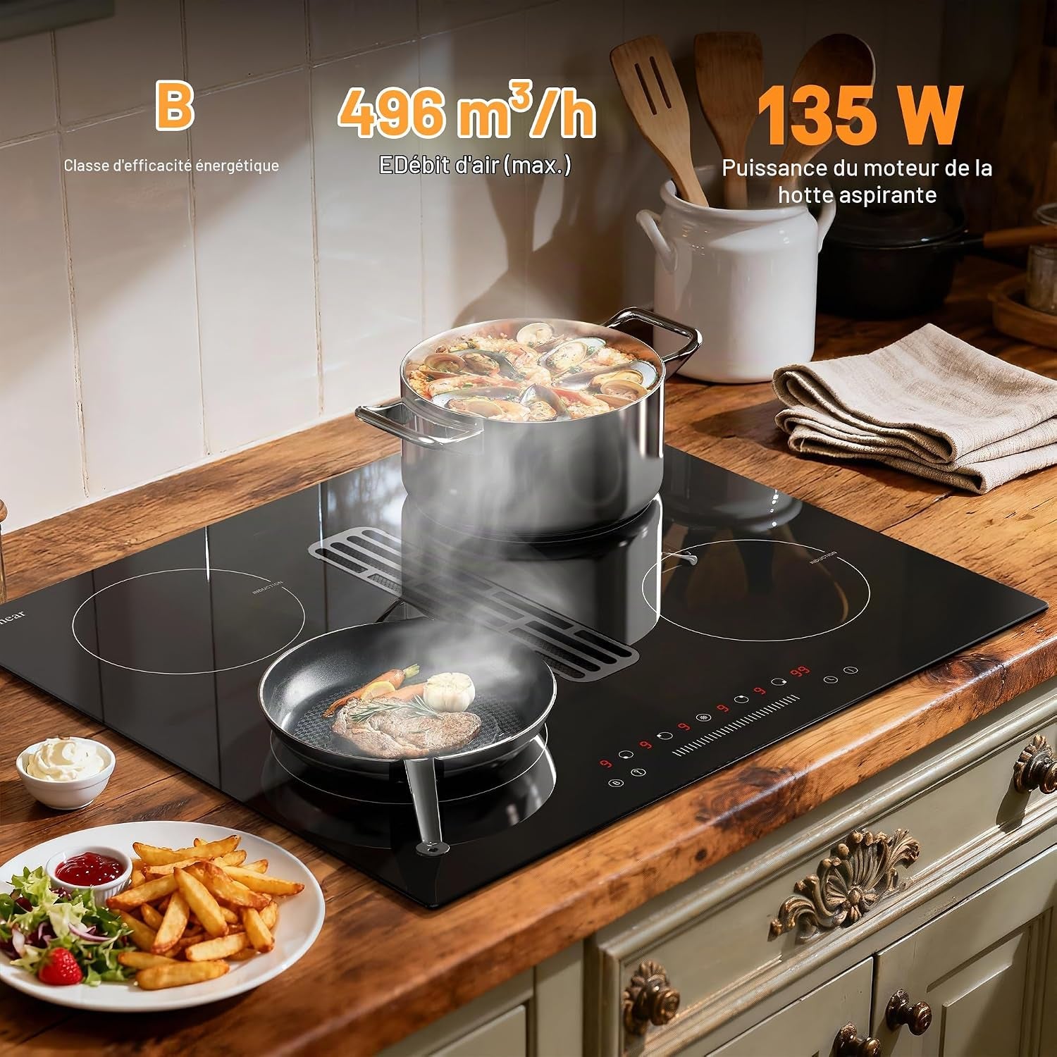 Plaque À Induction Avec Hotte Aspirante De 135W, Plaque Induction 4 Feux Encastrable 60CM, Fonction Booster, Minuterie, Pause, Table De Cuisson À Induction 6400W, 220V, Sans Prise