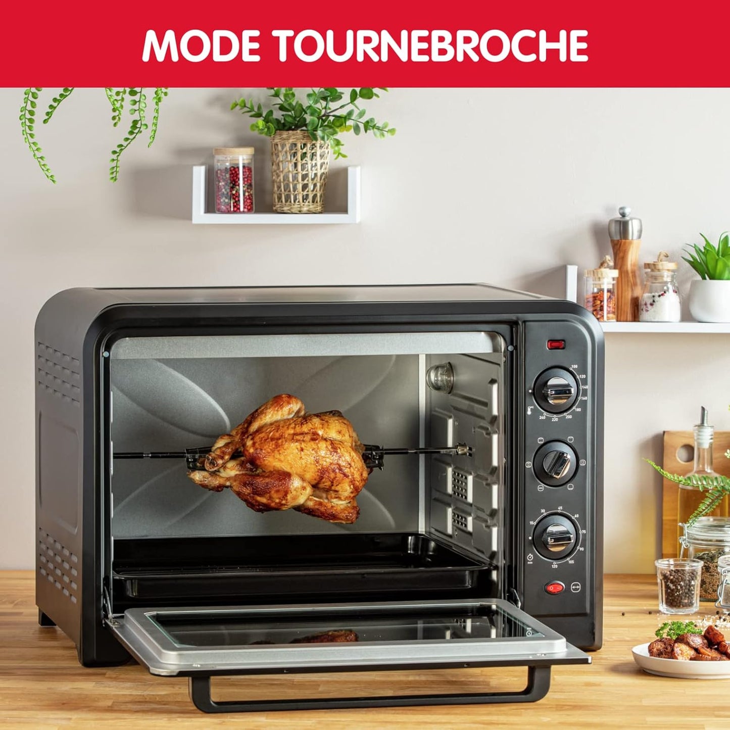 Four Électrique À Chaleur Tournante 60 L, 7 Modes De Cuisson, Tournebroche, Thermostat Réglable Jusqu’À 240 °C, Timer 120 Minutes, 2 Grilles Réversibles, Optimo, Noir OX495810