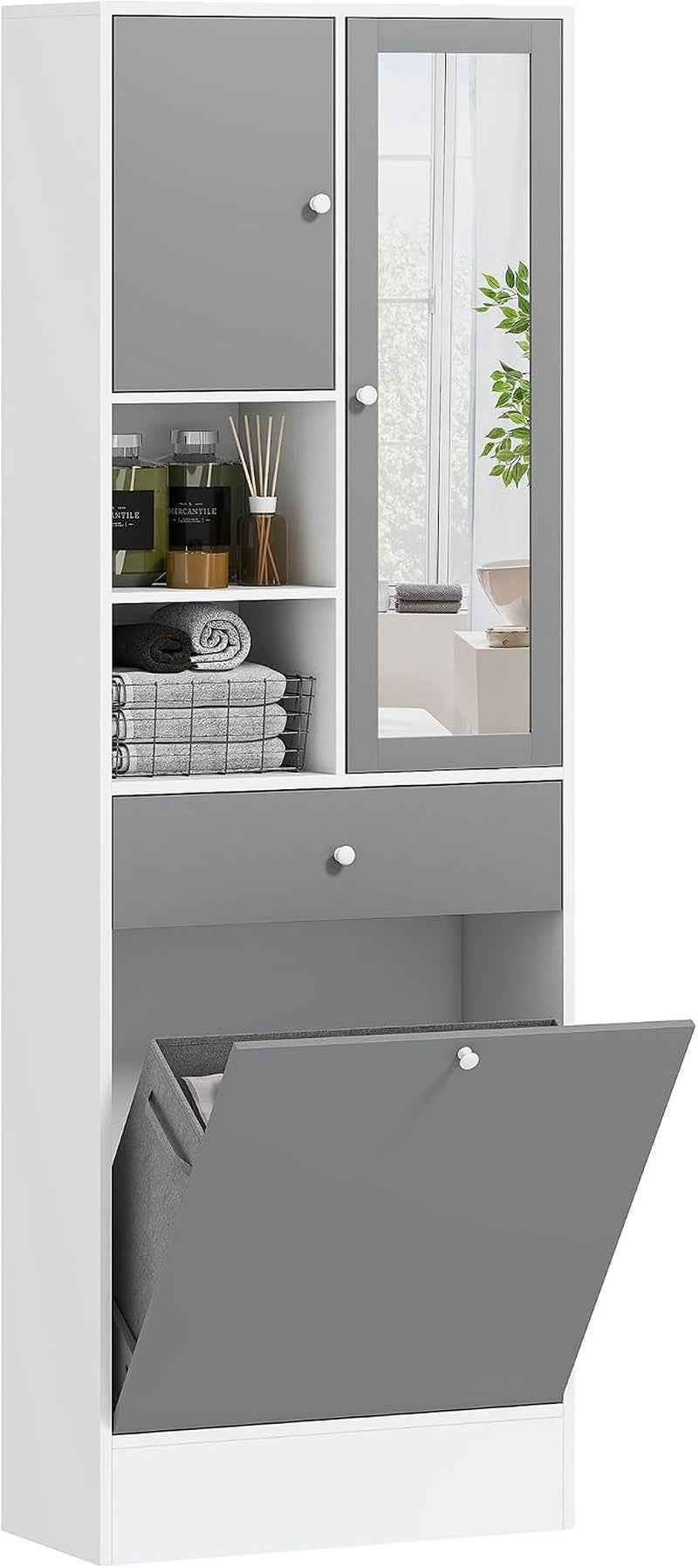 Meuble De Salle De Bain Haut Avec Coffre a Linge Et Miroir | Meuble De Rangement, Placards À Portes, 2 Compartiments Ouverts, Tiroir, Étagère Réglable, 62 X 28,3 X 181 Cm, Gris Et Blanc