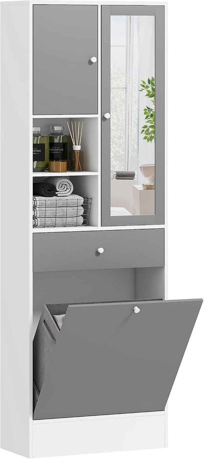 Meuble De Salle De Bain Haut Avec Coffre a Linge Et Miroir | Meuble De Rangement, Placards À Portes, 2 Compartiments Ouverts, Tiroir, Étagère Réglable, 62 X 28,3 X 181 Cm, Gris Et Blanc