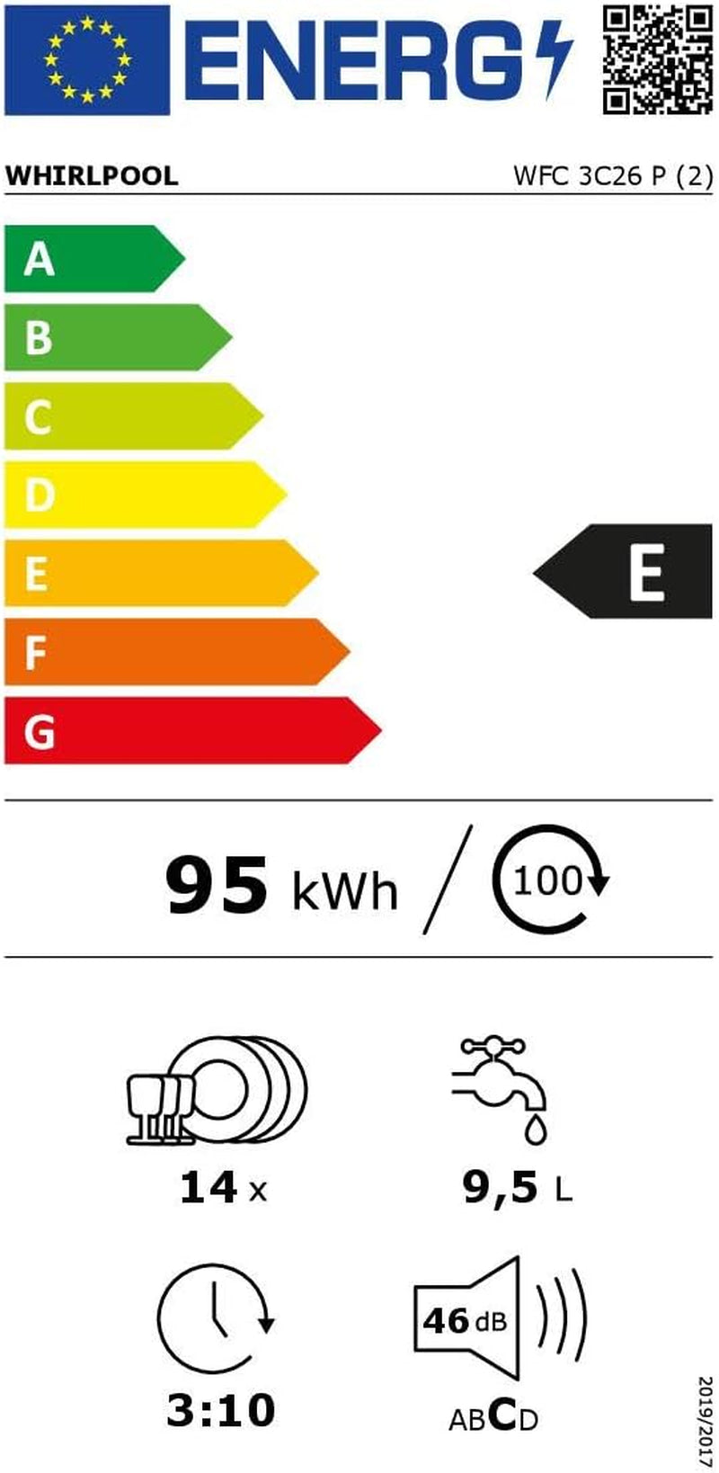 Whirlpool WFC 3C26 P, Lave-Vaisselle Pose Libre 60Cm, 14 Couverts, E