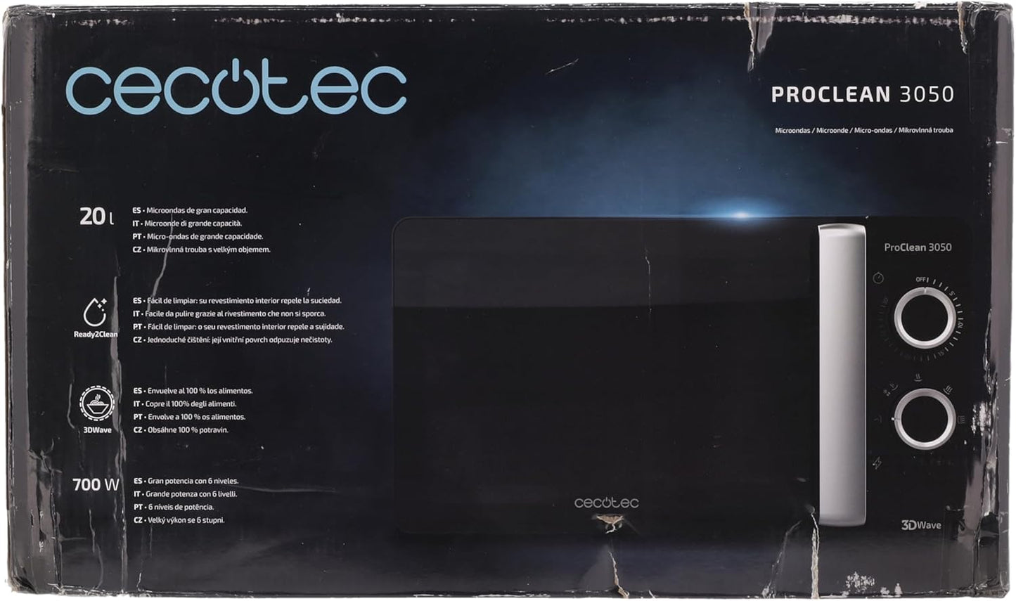 Micro-Ondes Proclean 3050. Capacité De 20 L, Revêtement Ready2Clean, 700 W De Puissance, 6 Niveaux De Fonctionnement, Minuterie 30 Minutes, Mode Décongeler, Finition Noir Et Argenté.
