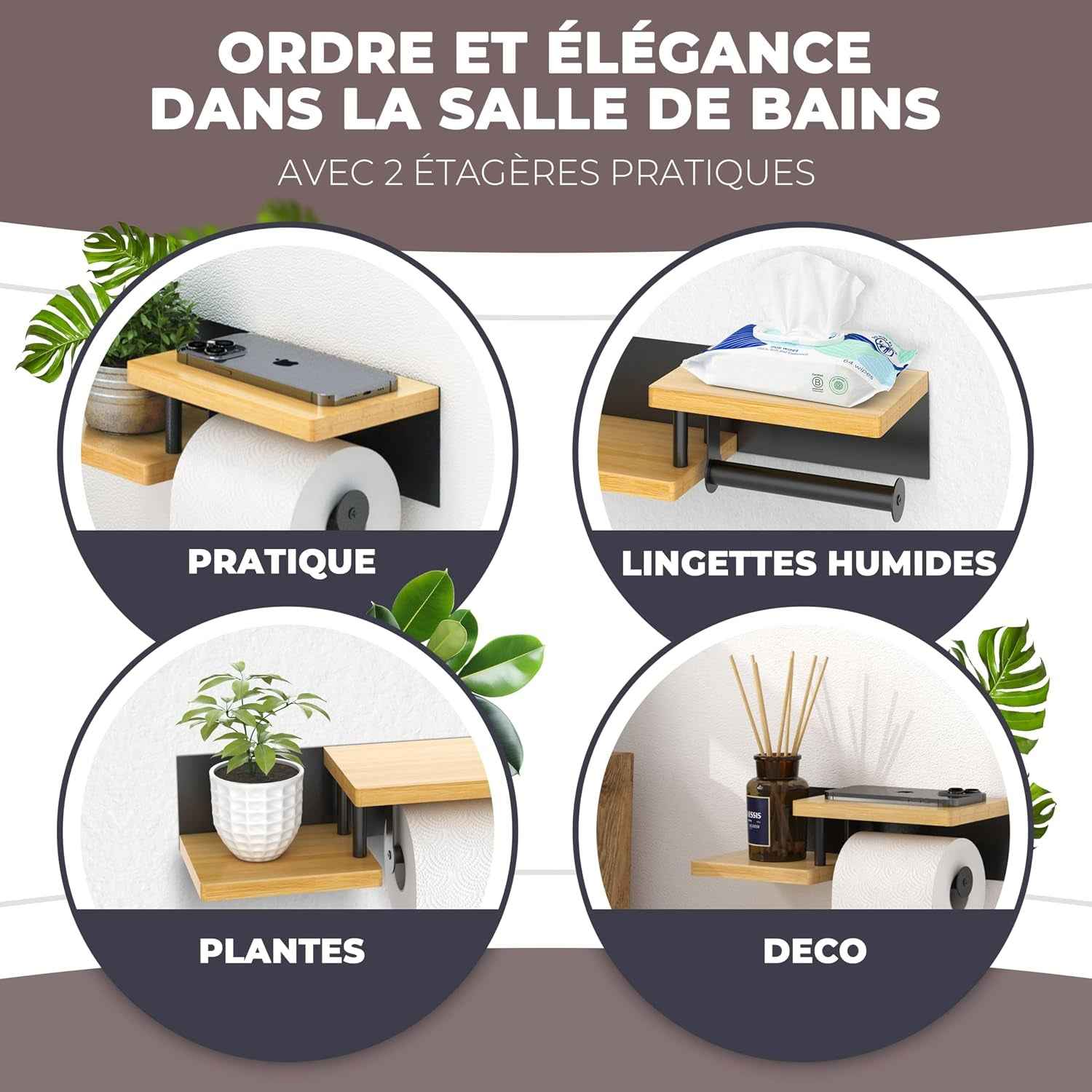 ® Porte Papier Toilette Mural En Bois De Bambou [Sans PERCAGE] | Derouleur Papier Toilette De Haute Qualité Avec Étagères | Blanc | Porte Rouleaux De Papier Toilette
