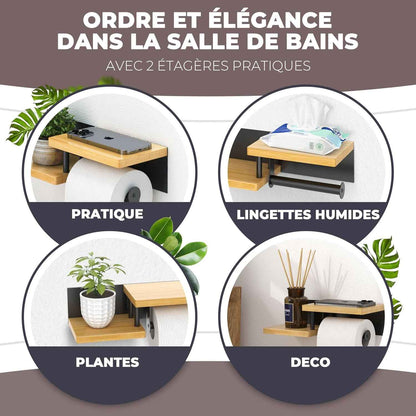 ® Porte Papier Toilette Mural En Bois De Bambou [Sans PERCAGE] | Derouleur Papier Toilette De Haute Qualité Avec Étagères | Blanc | Porte Rouleaux De Papier Toilette