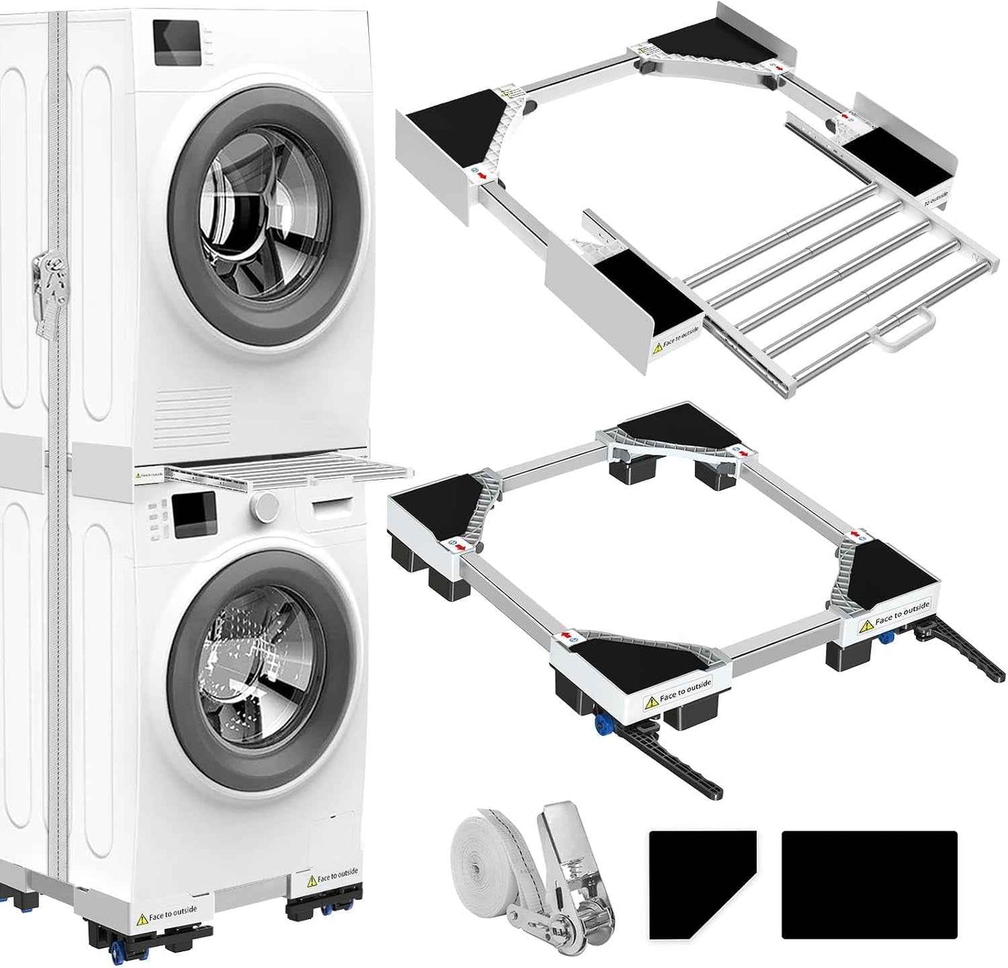 Kit Universel D'Empilage Et Socle Mobile Pour Sèche-Linge Et Lave-Linge, Taille Réglable Avec Corde À Cliquet Et Supports De Séchage Extensibles Pour Lave-Linge Et Sèche-Linge Gain De Place | (Kit D'Empilage-Style Tiroir & Base Mobile)