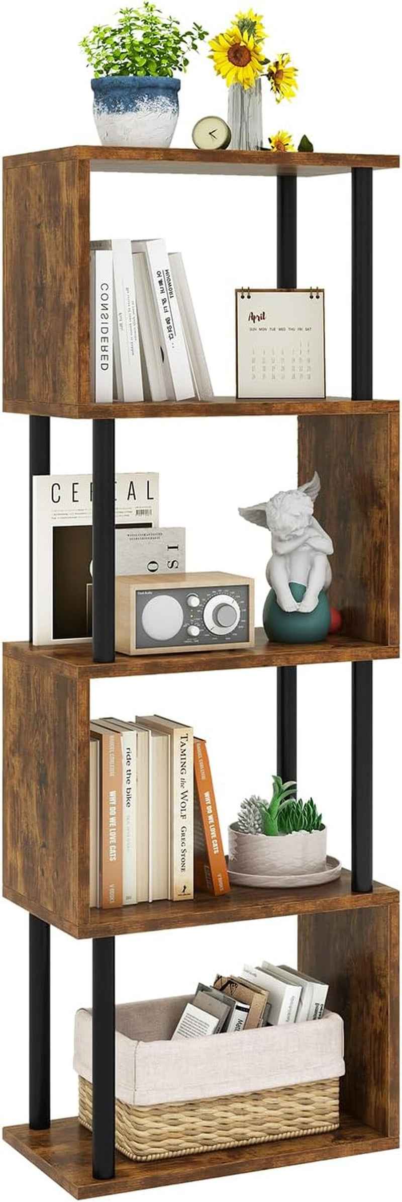 Bibliothèque En Forme De S, Étagère À 5 Niveaux,Marron WBC015H | Meuble De Rangement Bibliothèque Bois Moderne Pour Salon Chambre À Coucher Bureau À Domicile