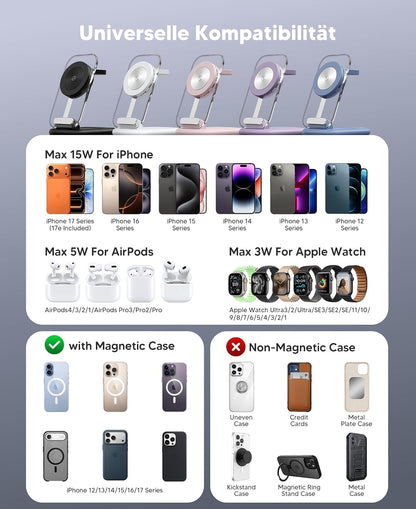 Chargeur Mag Safe, Station De Recharge Apple Watch Et Iphone, 3 En 1 Compatible Avec Iphone 17E 17 16 15 14 13 12 Pro Max/Air/Plus/Pro, Pour Apple Watch 10/9, Airpods 3/2/Pro, Pliable, Blanc