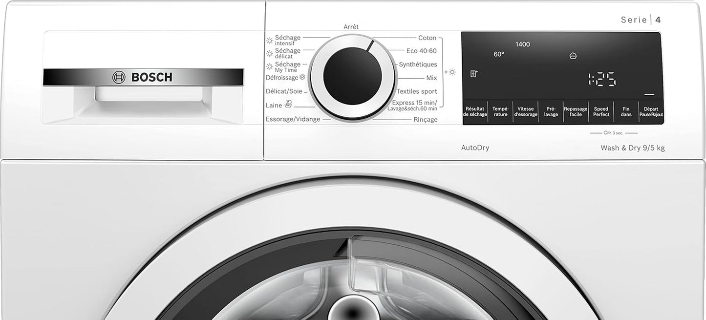 Bosch WNA144V0FR Série 4 - Lave-Linge Séchant, Pose-Libre | Blanc, 9/5 Kg, 1400 Trs/Min, Défroissage Iron Assist, Lavage Et Séchage 60 Minutes, Fonction Auto Dry