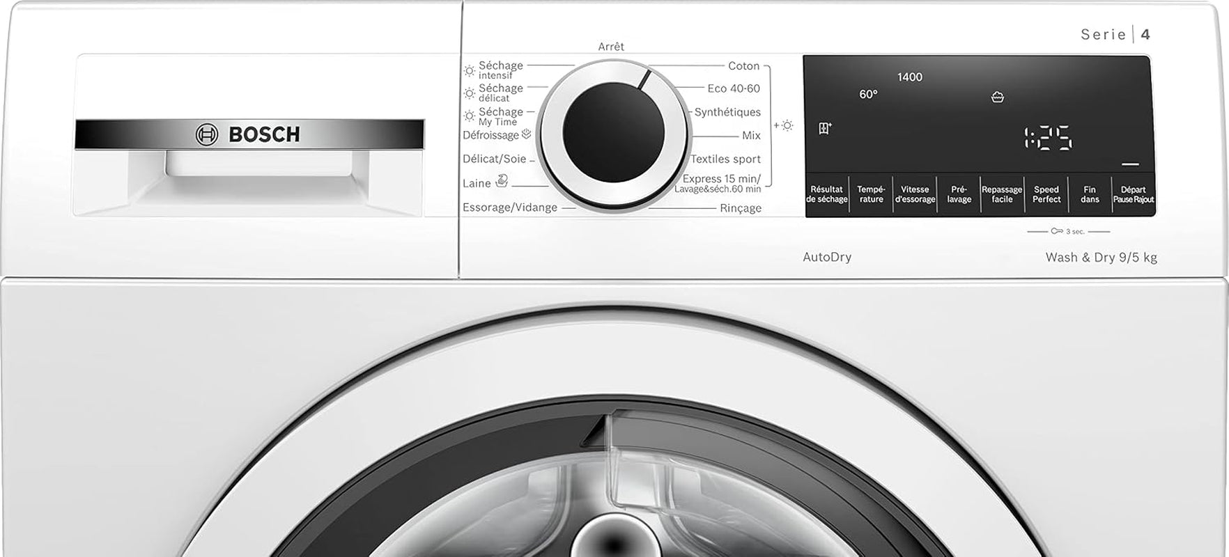 Bosch WNA144V0FR Série 4 - Lave-Linge Séchant, Pose-Libre | Blanc, 9/5 Kg, 1400 Trs/Min, Défroissage Iron Assist, Lavage Et Séchage 60 Minutes, Fonction Auto Dry