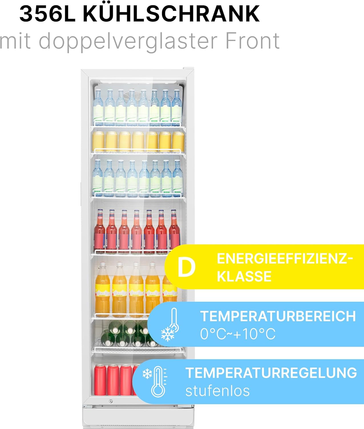 Bomann KSG 7351 Flaschenkühlschrank, 60 Cm Breit, 356 L, Glastür, Innenraumbeleuchtung, Abschließbare Gerätetür, 6 Gitterablagen, Weiß