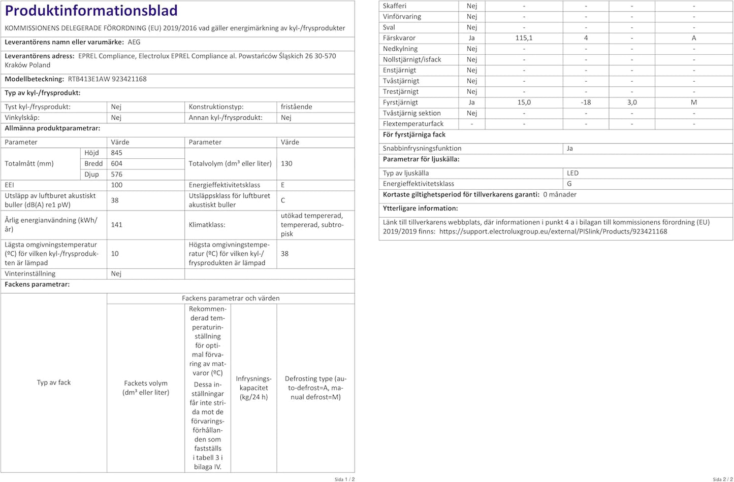 RTB413E1AW Réfrigérateur De Table Autonome / 850 Mm/Congélateur 3 Étoiles / 130 L/E
