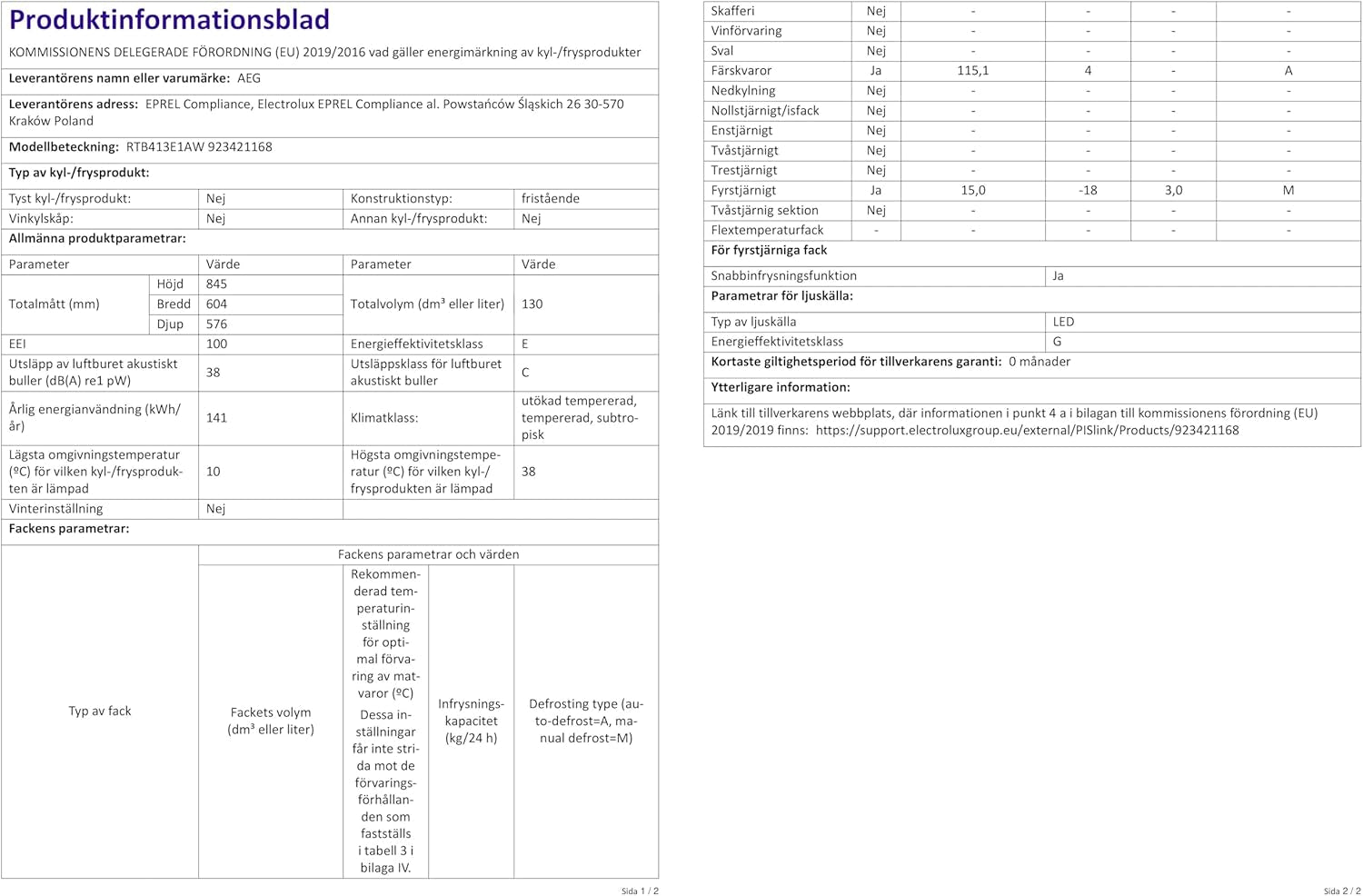 RTB413E1AW Réfrigérateur De Table Autonome / 850 Mm/Congélateur 3 Étoiles / 130 L/E