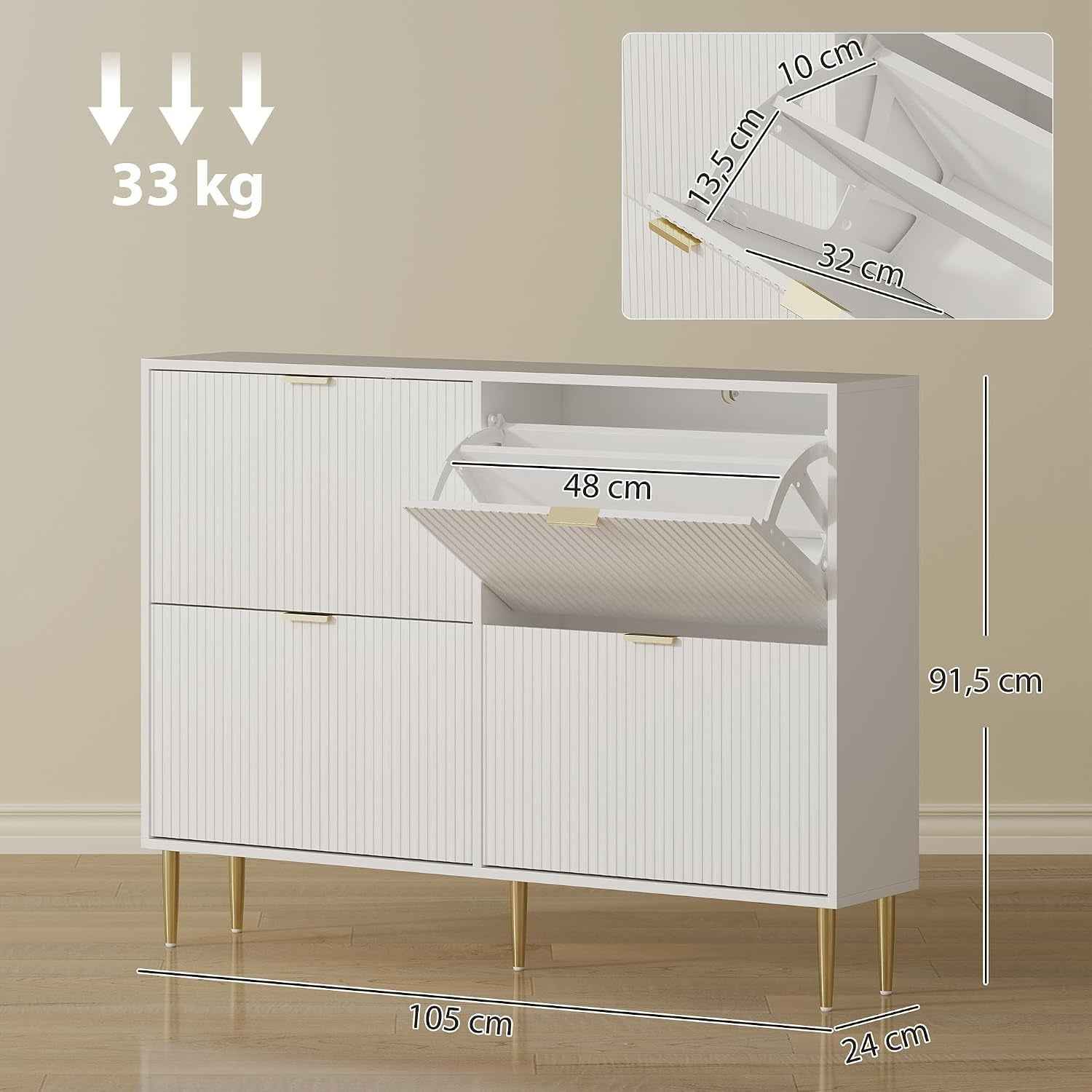 Meuble À Chaussures 20 Paires 4 Tiroirs 105 X 24 X 91,5 Cm Blanc | Armoire À Chaussures Étroite Moderne, Portes Cannelées, Étagères Réglables, Pour Couloir Et Entrée