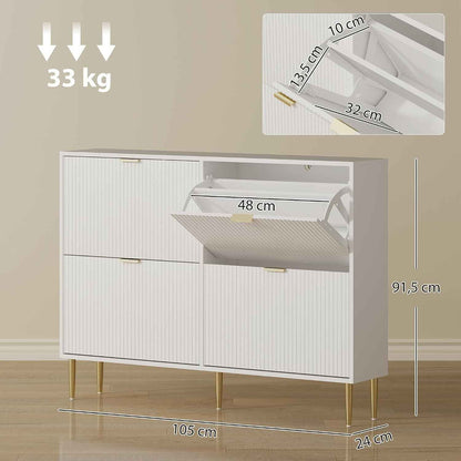 Meuble À Chaussures 20 Paires 4 Tiroirs 105 X 24 X 91,5 Cm Blanc | Armoire À Chaussures Étroite Moderne, Portes Cannelées, Étagères Réglables, Pour Couloir Et Entrée