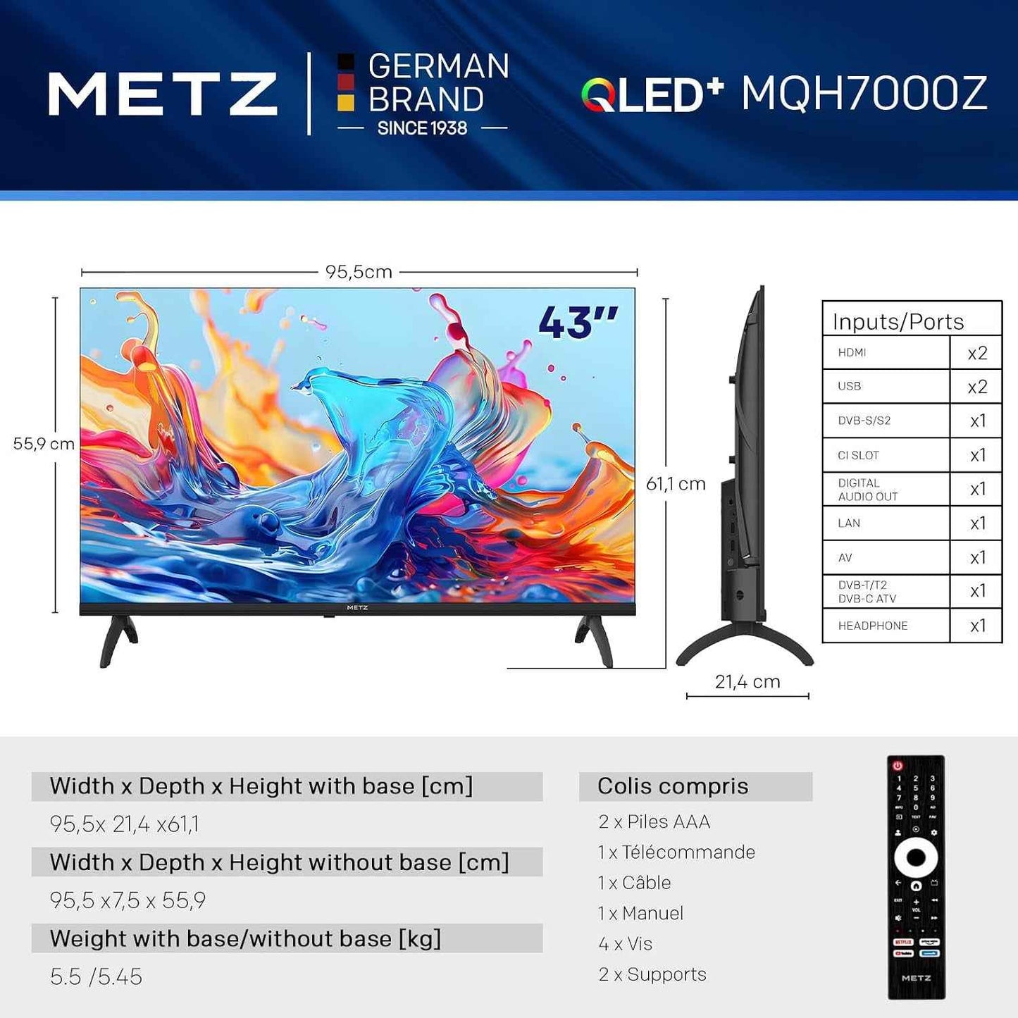 43 Pouces (108 Cm) Smart TV FHD Google Television LED, Gen 6 QLED +, HDR 10 Dolby Audio Bluetooth 5,1 Eyecare Tuner DVB-T/T2/C/S/S2 CI+ (43MQH7000Z, 2026 Nouveau Modèle)