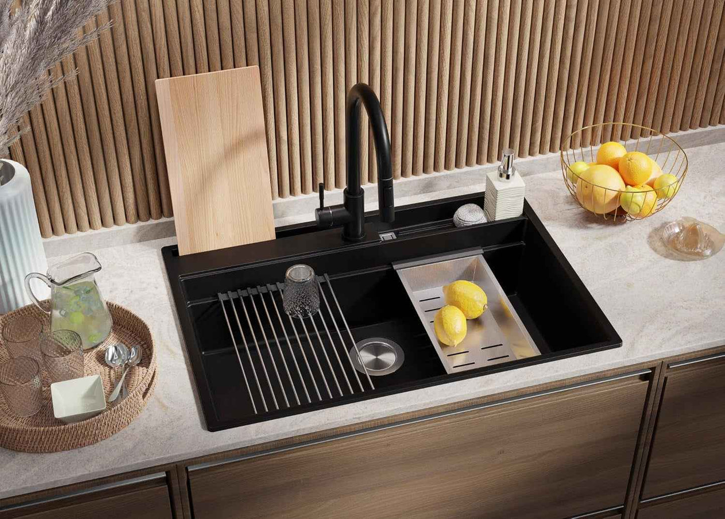 Evier Cuisine En Granit Noir - Oslo, 78X53Cm | Lavabo 1 Bac + Kit D'Accessoires, Évier À Encastrer Au Meuble 80Cm (S335)