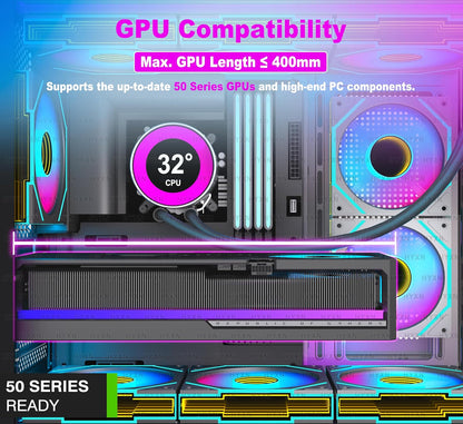 H3(2026) Boitier PC ATX– Préinstallé 6 Ventilateurs PWM ARGB Miroir Infini, Supporter Radiateur 360 Mm,Boîtier PC ATX À Double Chambre Mid Tower, Avec Type -C 3.2 (Noir)