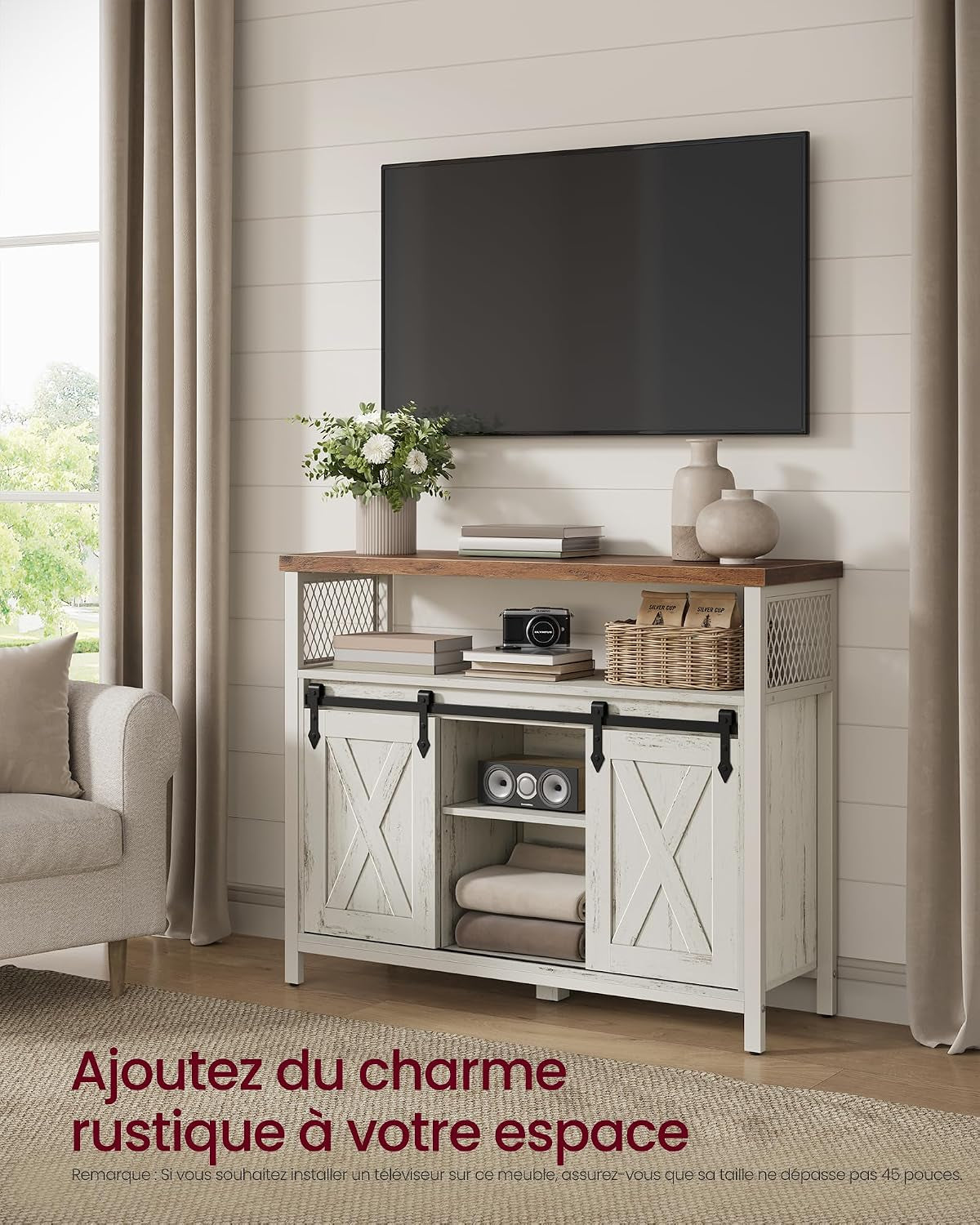 Buffet Cuisine, Meuble De Rangement, Avec 2 Portes Coulissantes | Bahut, Pour Salon, 33 X 100 X 80 Cm, Étagères Réglables, Blanc Rustique Et Blanc Crème, Daxton Collection LSC092W01