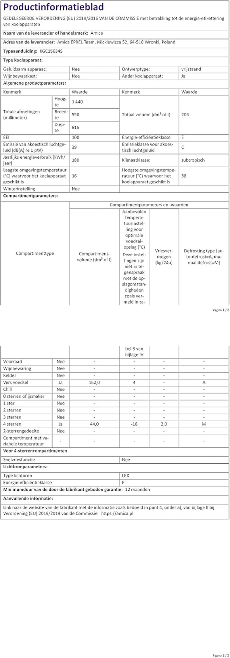 Amica VD 1442 AB Réfrigérateur-Congélateur Autoportante 213 L E Noir
