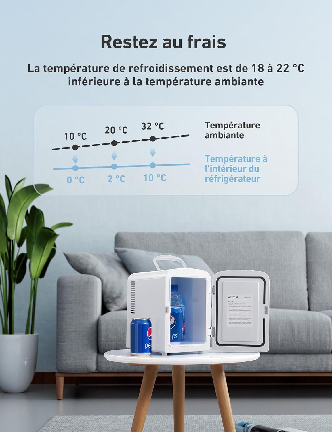 Mini Frigo De Chambre, 4 Litres / 6 Canettes 330Ml, 12V/220V, Petit Frigo Cosmetique, Mini Réfrigérateur Voiture Portable, Glacière Électrique, Fonction Chaud/Froid (Blanc)