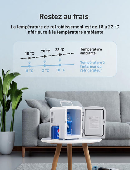 Mini Frigo De Chambre, 4 Litres / 6 Canettes 330Ml, 12V/220V, Petit Frigo Cosmetique, Mini Réfrigérateur Voiture Portable, Glacière Électrique, Fonction Chaud/Froid (Blanc)