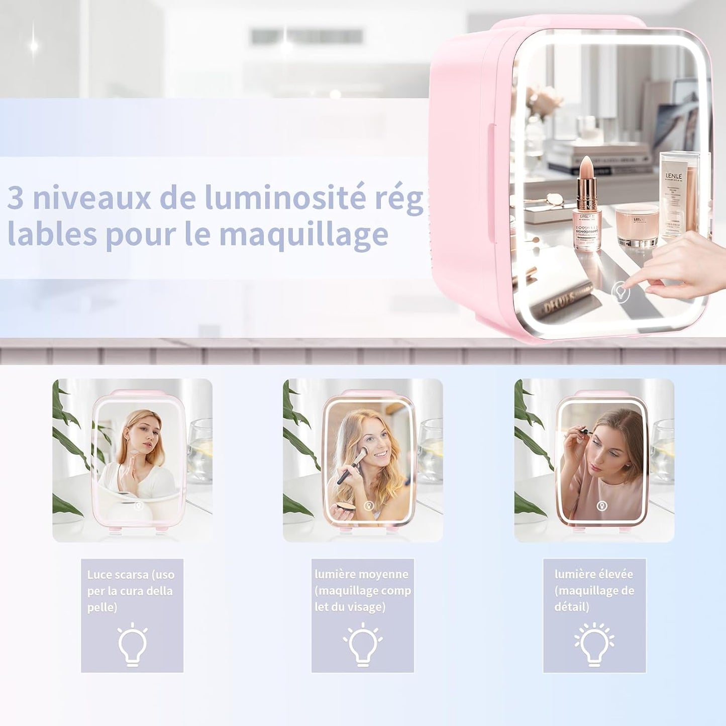 Mini Frigo Pour Chambre, Frigo Skincare Avec Miroir LED, Petit Frigo De 4L Portable, Thermoelectrique Chauffe & Refroidisseur 220V AC / 12V DC Pour Voiture, Bureau, Dortoir (Rose)