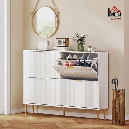 Meuble À Chaussures 20 Paires 4 Tiroirs 105 X 24 X 91,5 Cm Blanc | Armoire À Chaussures Étroite Moderne, Portes Cannelées, Étagères Réglables, Pour Couloir Et Entrée