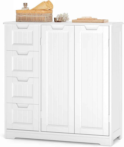 Meuble Salle De Bain Armoire De Baño, Avec 4 Tiroirs Et 2 Portes,Meuble Pour Salle De Bain Salon Cuisine,Avec Étagère Réglable,81 X 30 X 83 Cm,Blanc